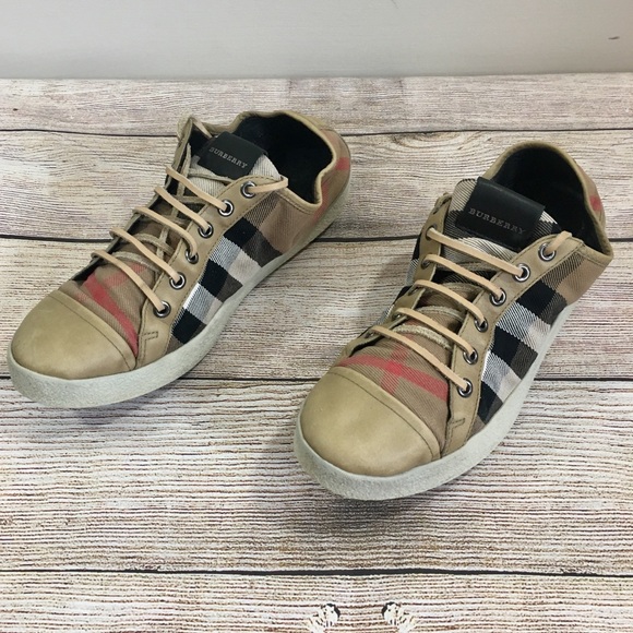 Burberry Shoes - Burberry Tan Leather Nova Check Sneakers Sz 9